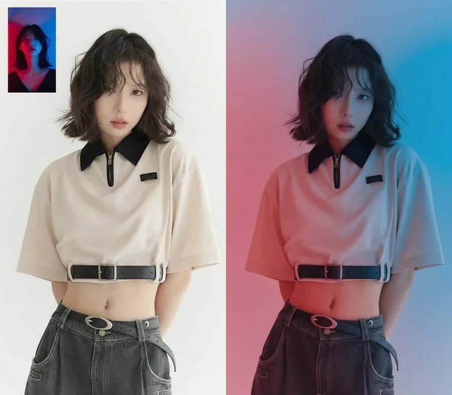 Side-by-side portrait reference showing neutral lighting changed to red and blue studio lighting