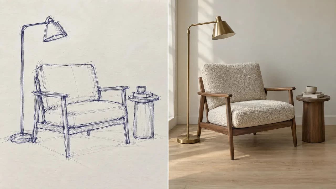 Morphic GPT Image 2.5 example pairing a chair sketch with a realistic room rendering