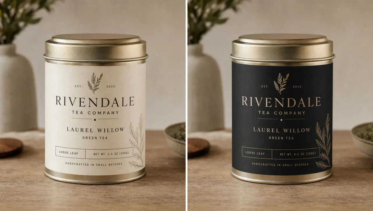 Morphic GPT Image 2.5 example showing a tea tin with cream and black label treatments