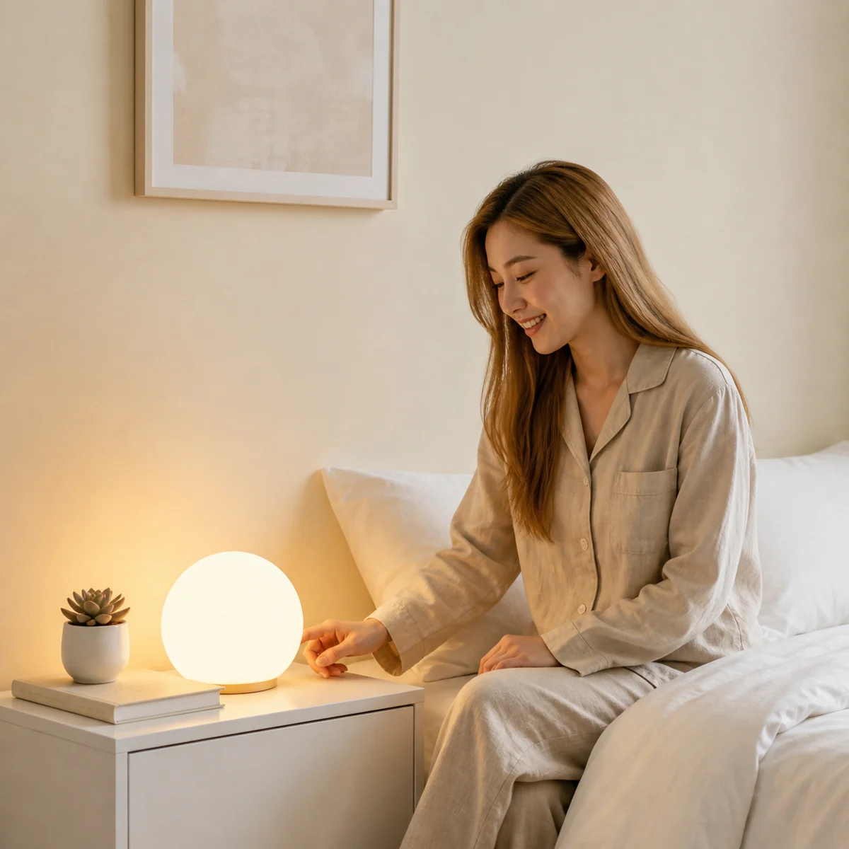 Woman seated beside a bed with a glowing globe lamp on a bedside table