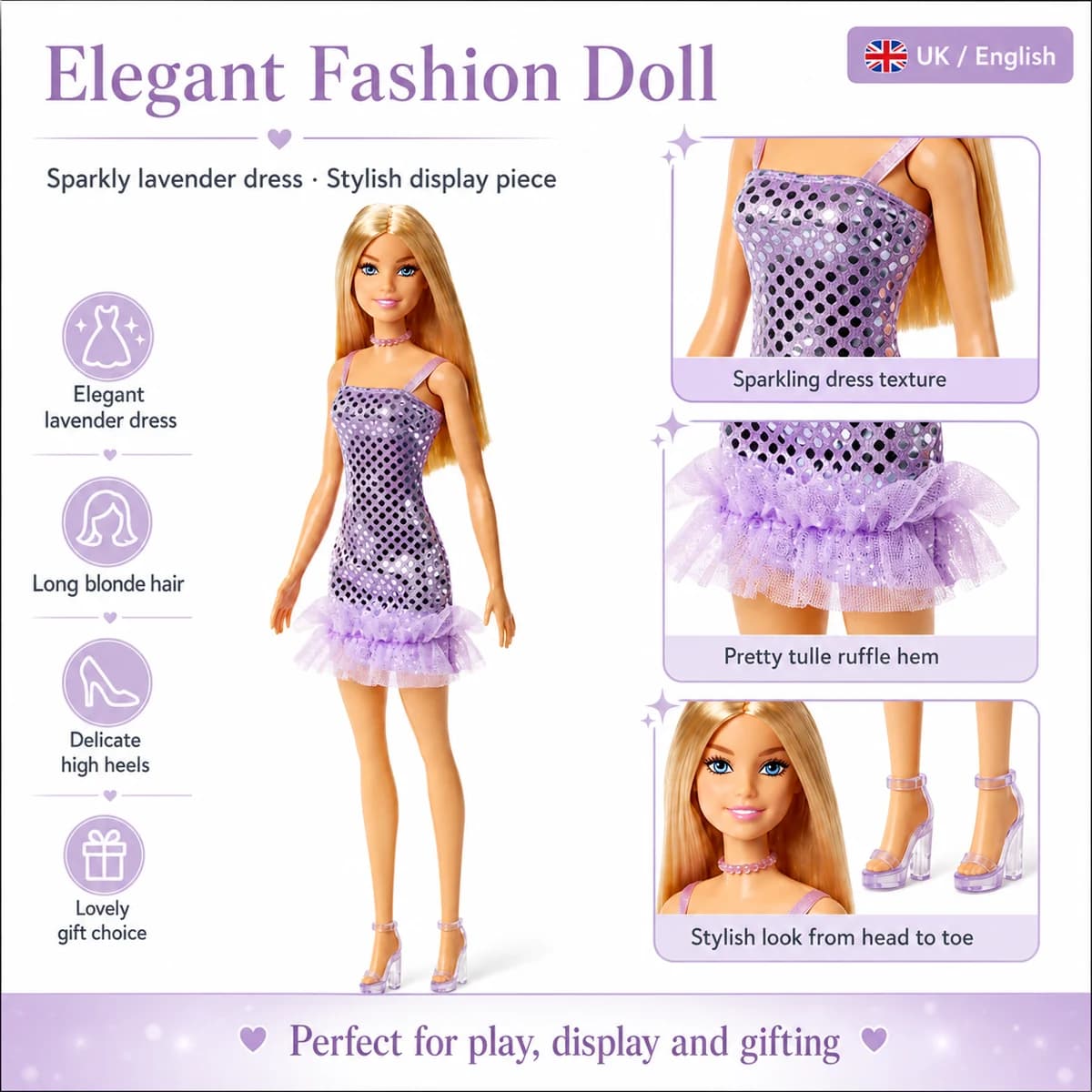 English product layout featuring a fashion doll in a lavender dress, with detail panels and short captions