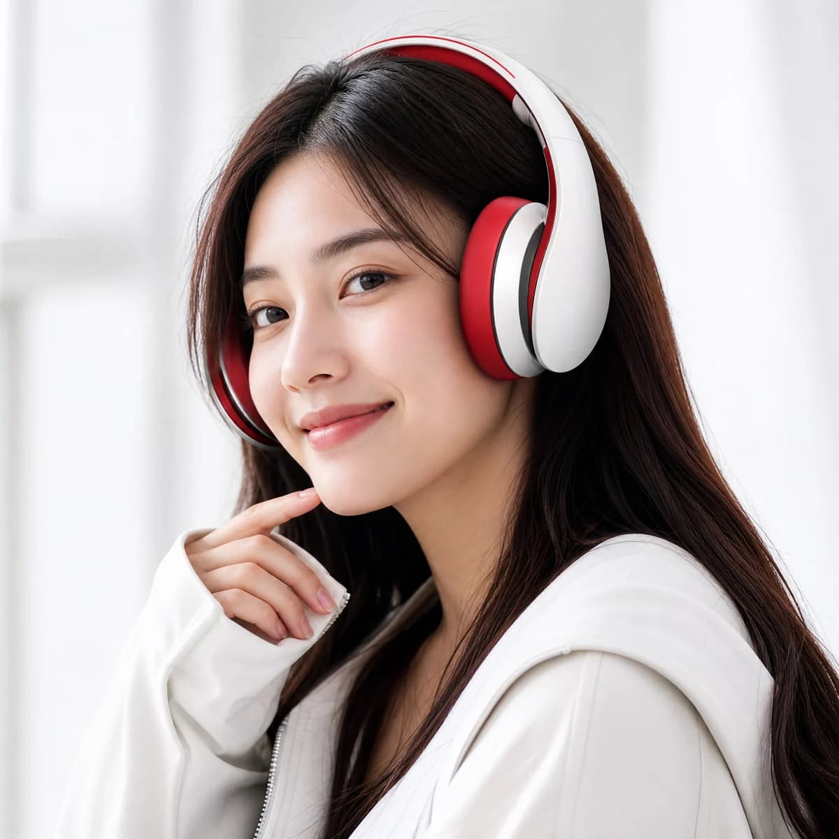 Woman wearing red and silver over-ear headphones beside a softly lit window