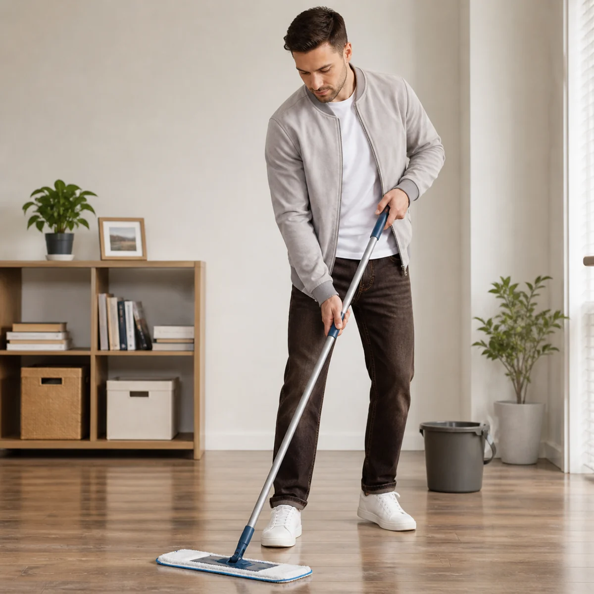 Man holding a long-handled mop with both hands while cleaning a wood floor in a living room