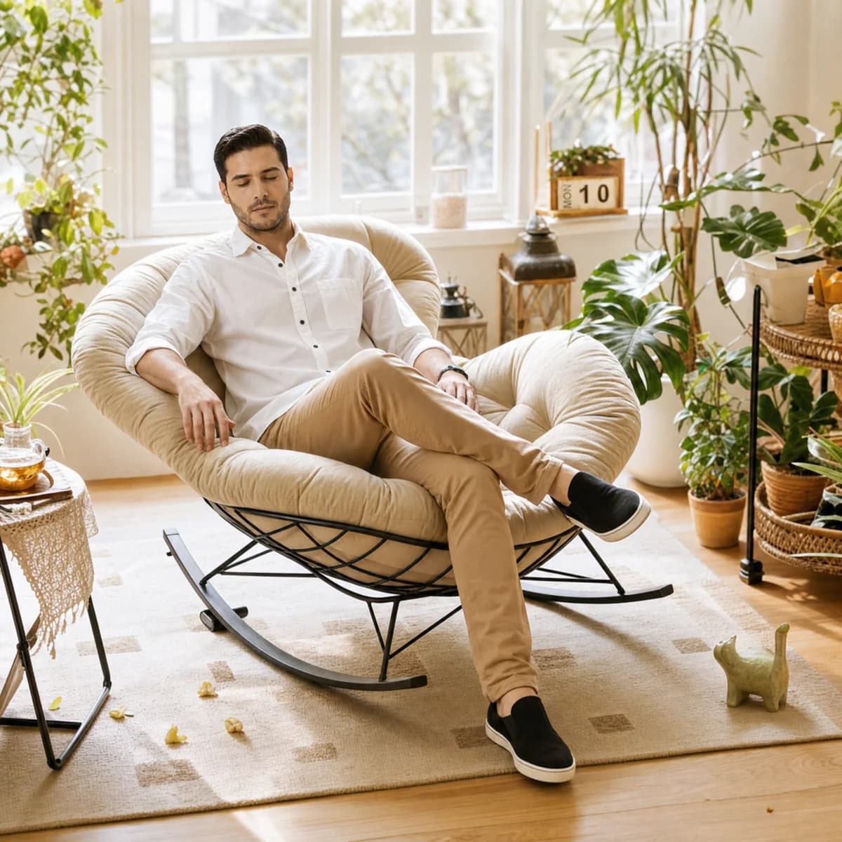 Man relaxing in a cushioned rocking chair in a bright room with windows and houseplants