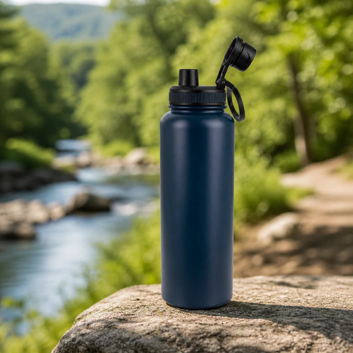Dark blue reusable bottle standing on a rock beside a softly blurred stream and green landscape