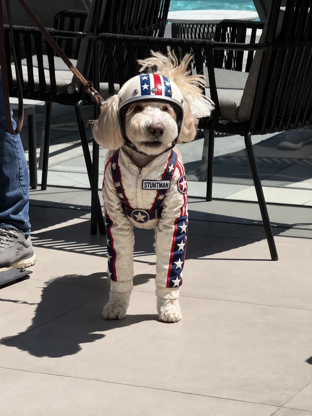 The same dog wearing a white stunt suit and a red, white, and blue helmet on the patio