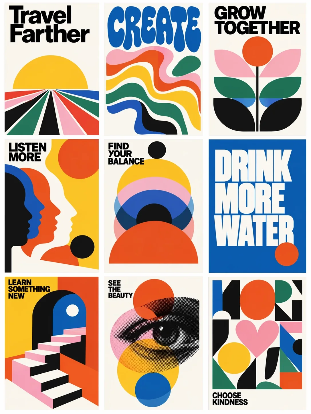 Nine colorful geometric posters with bold headlines arranged in a three-by-three grid