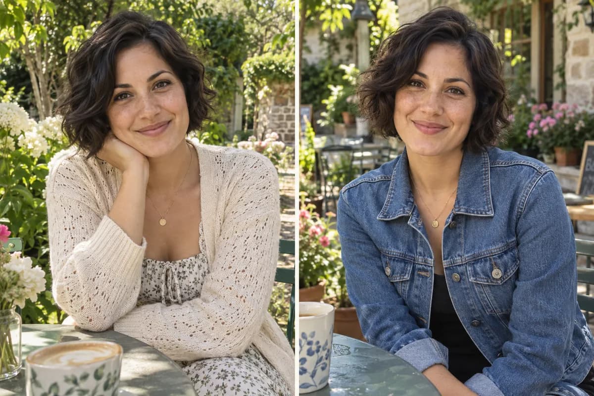 Illustrative portraits of the same woman in a cream cardigan and a denim jacket at a garden cafe
