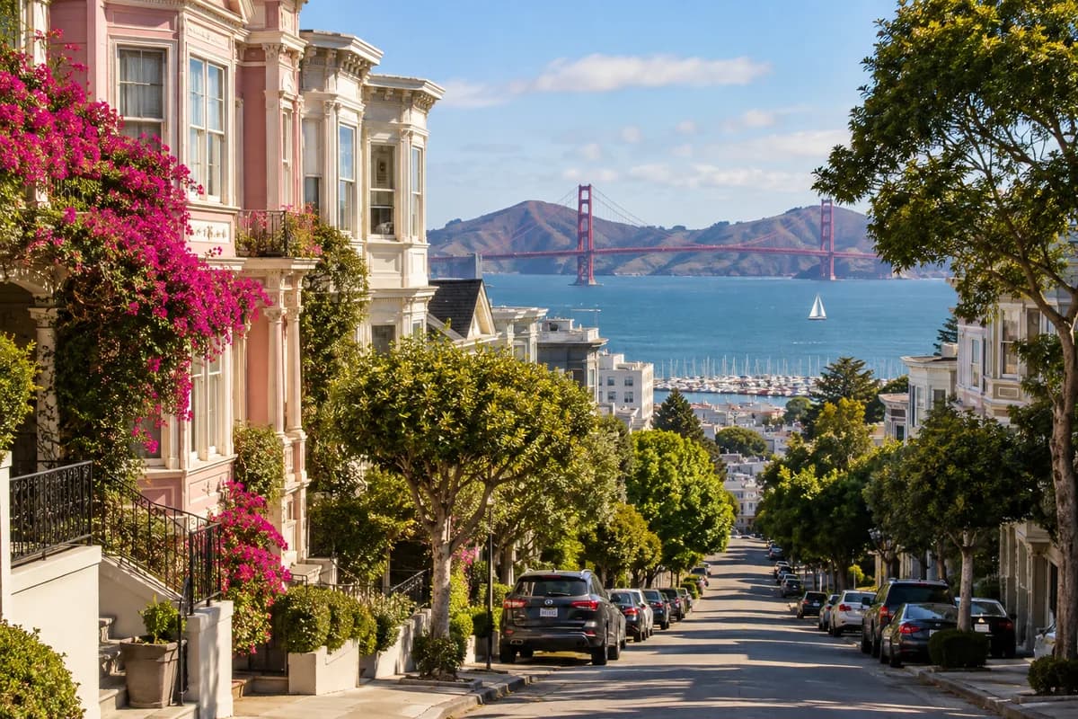 Illustrative sunlit street with pastel houses, flowering plants, and a blue bay in the distance