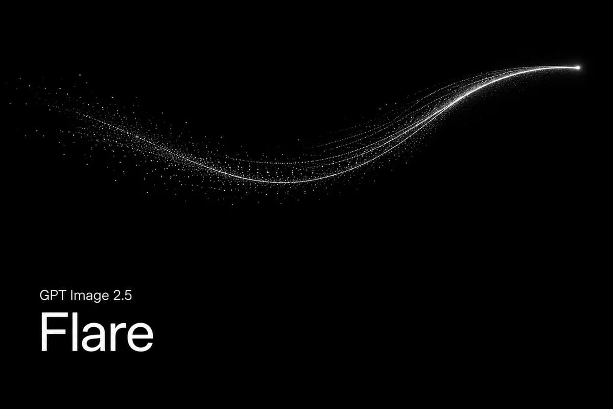 GPT Image 2.5 Flare in white type with a fine sweeping particle trail on black
