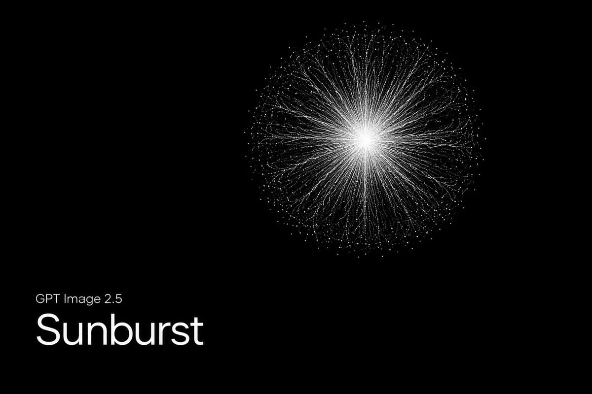 GPT Image 2.5 Sunburst in white type with a radial white particle burst on black