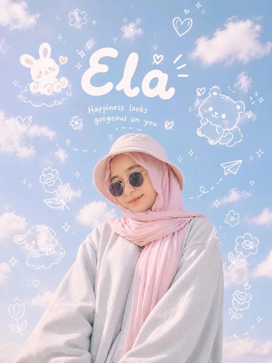 Pastel fashion portrait beneath a blue sky with white doodles and handwritten lettering