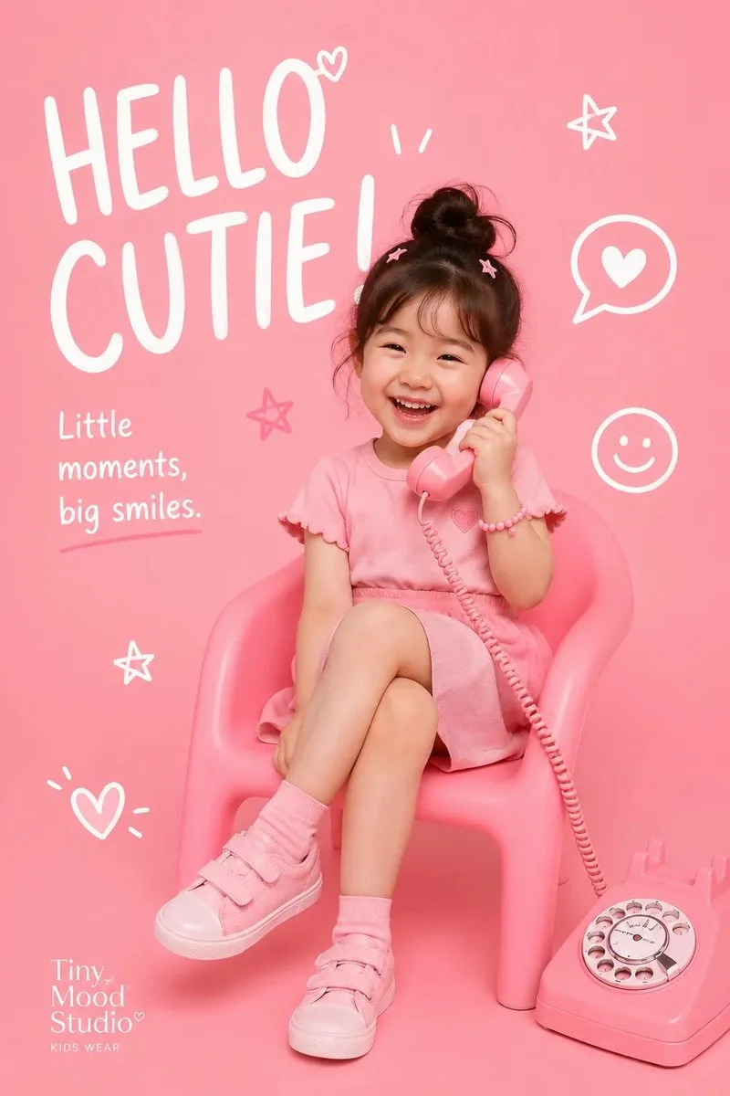 Pink kidswear campaign with a smiling child and hand-drawn white lettering