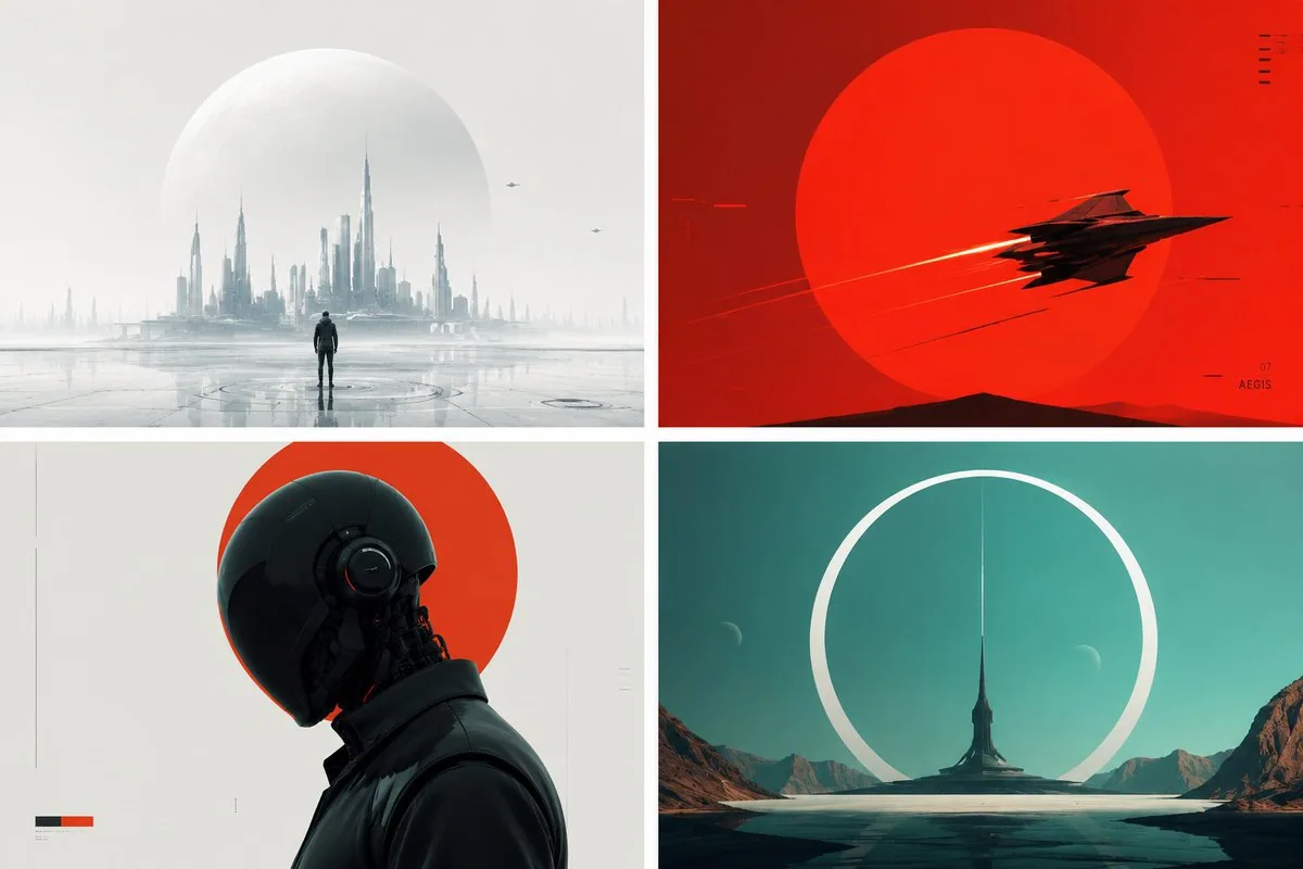 Four minimalist futuristic scenes in white, red, black, and teal