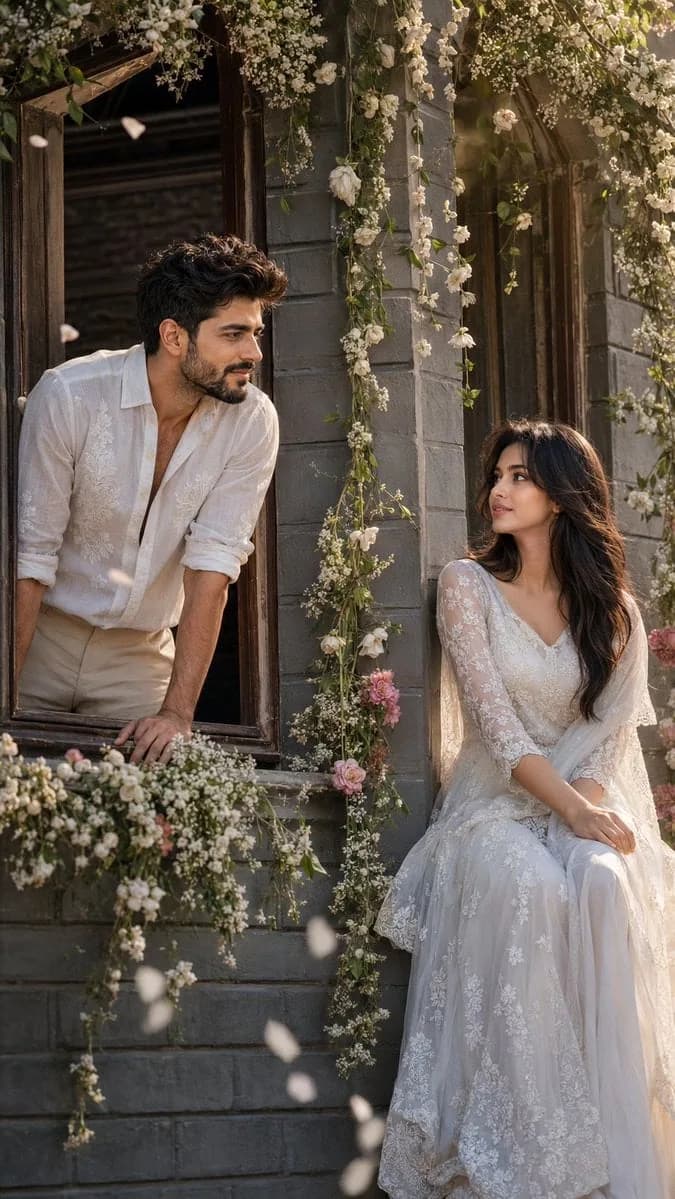 A couple leaning from two windows in a flower-covered heritage building