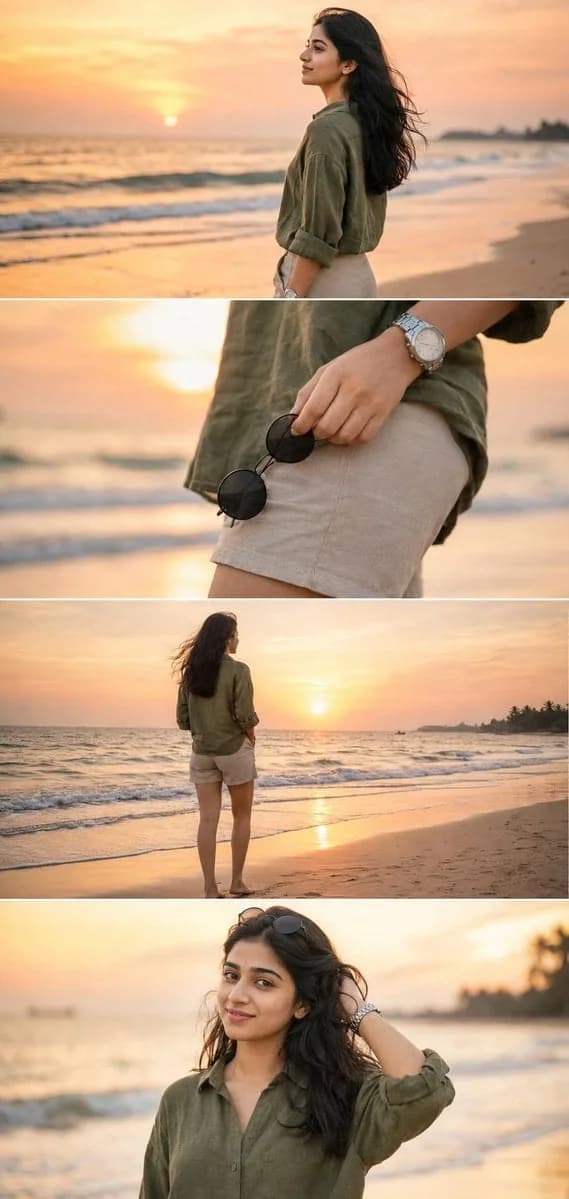 Four-panel beach portrait collage at sunset with close-up details