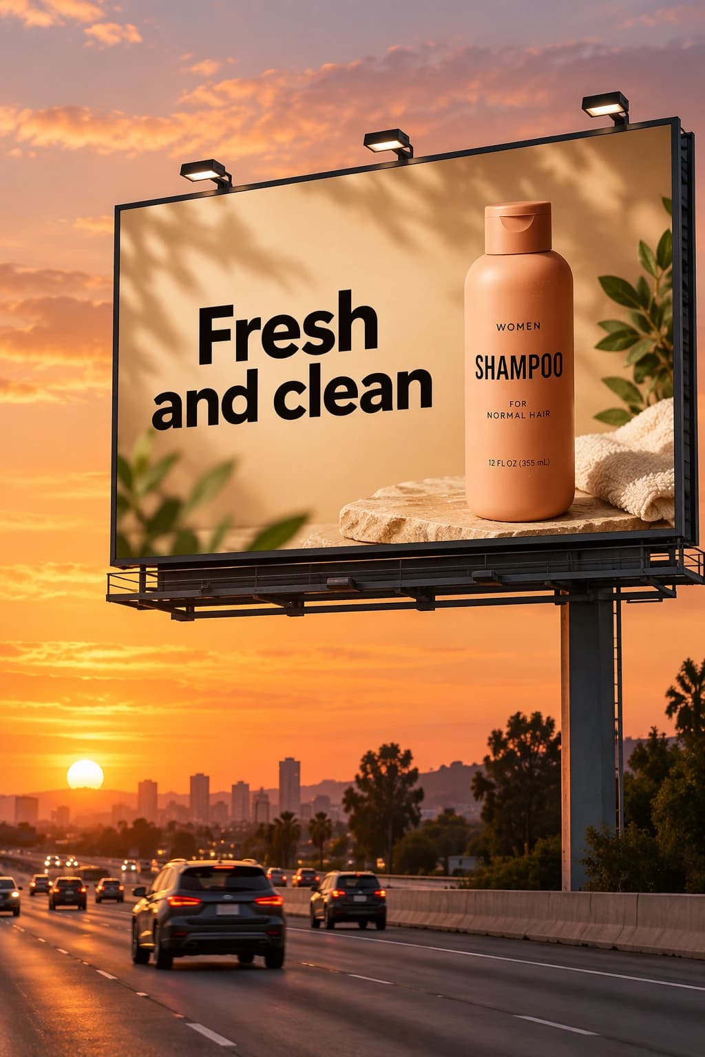 Sunburst shampoo billboard example beside a highway at sunset