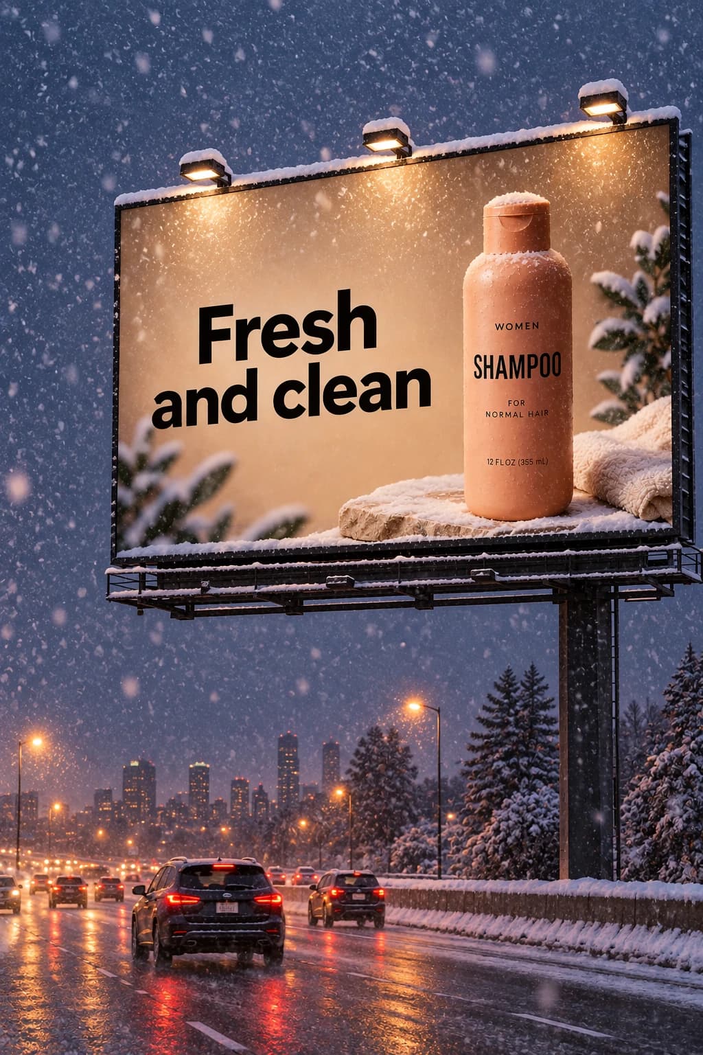 Sunburst follow-up edit showing the shampoo billboard on a snowy evening
