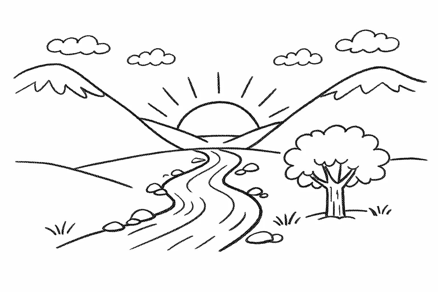 Reference line drawing of mountains and a river valley