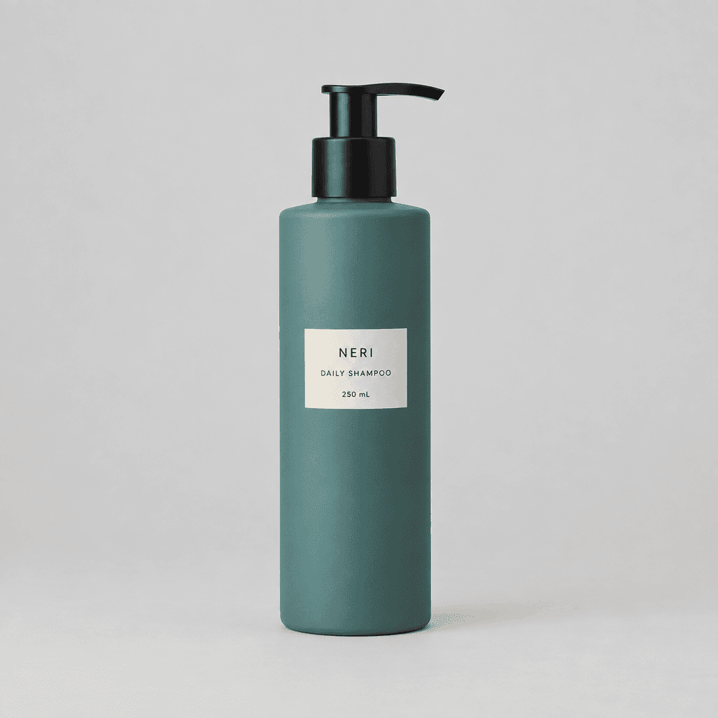 GPT Image 2.5 Flare: Reference: Teal shampoo bottle on a gray studio background