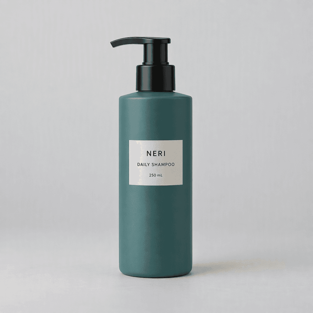 GPT Image 2.5 Sunburst: Reference: Teal shampoo bottle on a gray studio background
