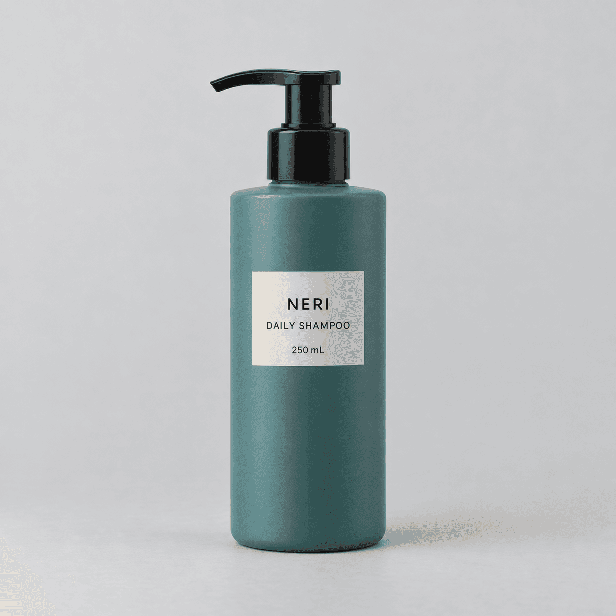 GPT Image 2: Reference: Teal shampoo bottle on a gray studio background