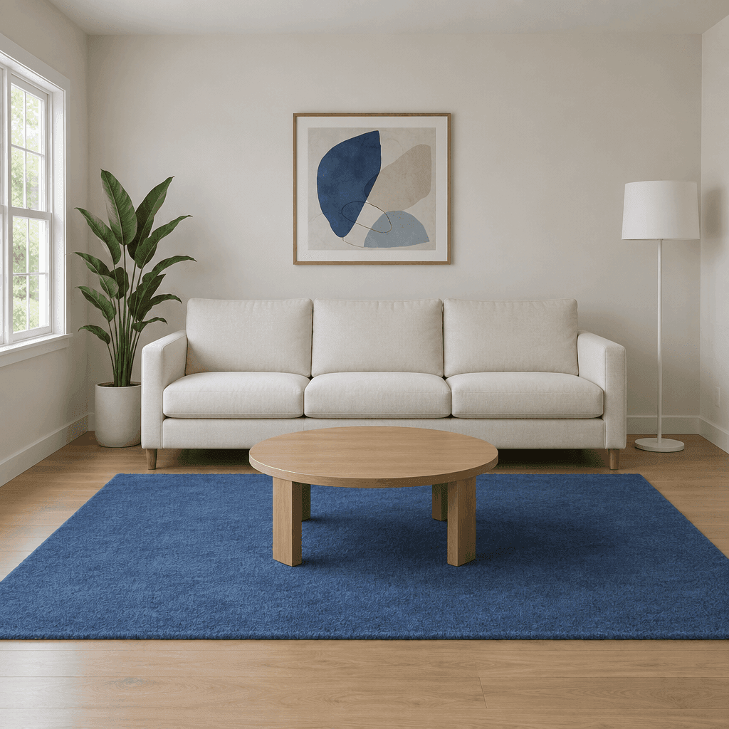 GPT Image 2.5 Flare: Reference: Living room with a blue rug, empty oak table, and white lampshade