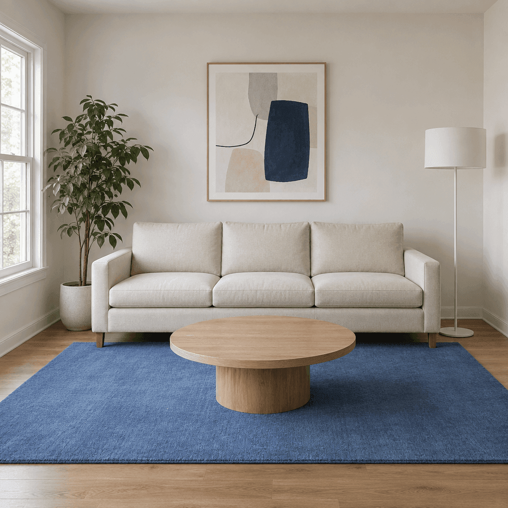 GPT Image 2.5 Sunburst: Reference: Living room with a blue rug, empty oak table, and white lampshade