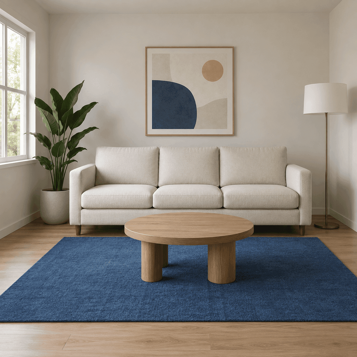 GPT Image 2: Reference: Living room with a blue rug, empty oak table, and white lampshade