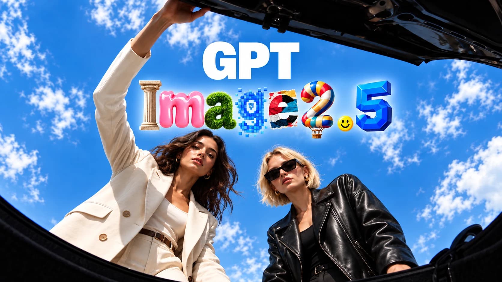 Two women looking into an open car trunk, with white GPT lettering above colorful sculptural Image 2.5 letters