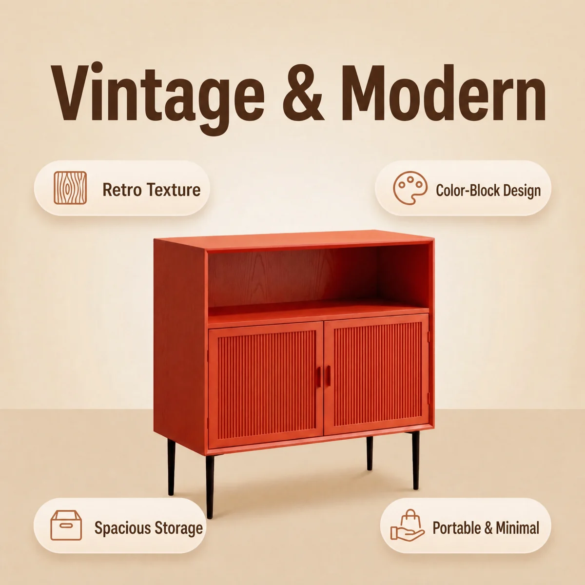 English cabinet listing graphic with a red cabinet, a Vintage and Modern headline, and four feature labels