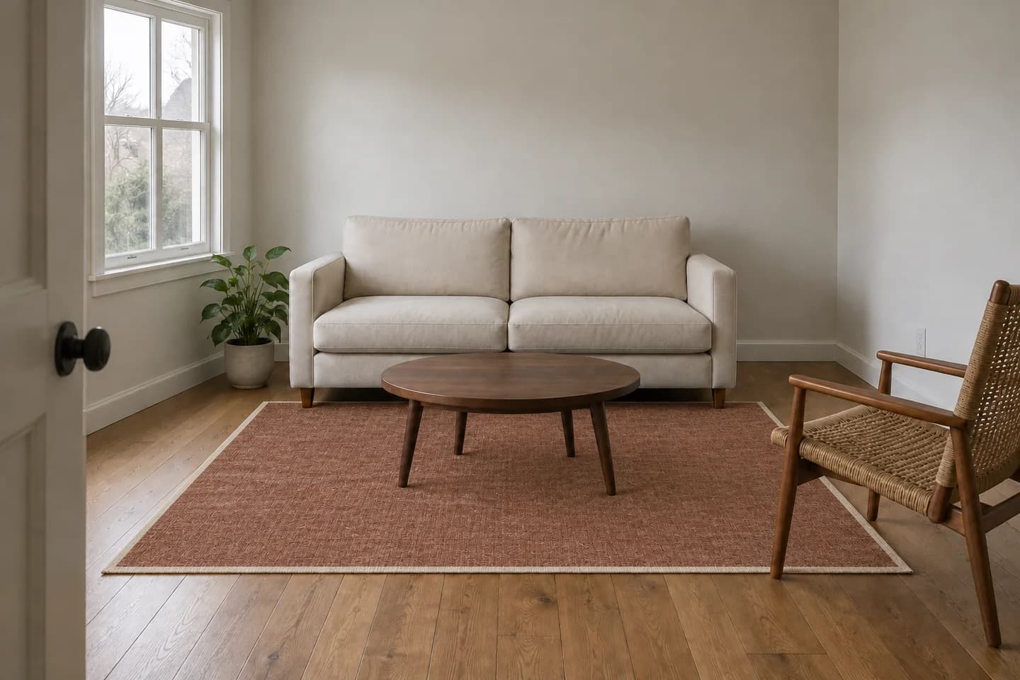 Living-room edit with a rust rug and ivory border beneath the existing furniture