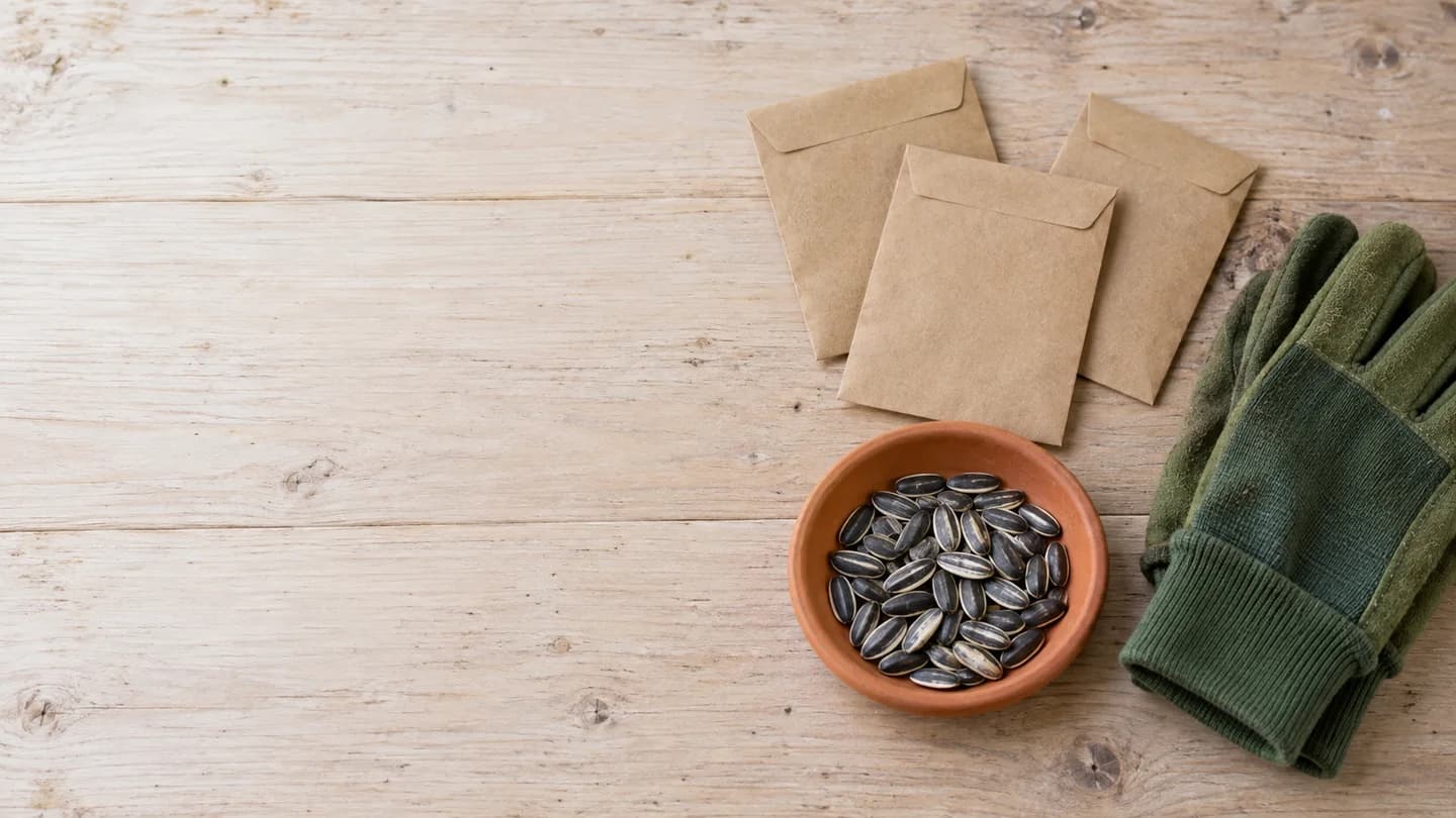 Seed-swap tabletop with envelopes, seeds, a terracotta dish, and gardening gloves