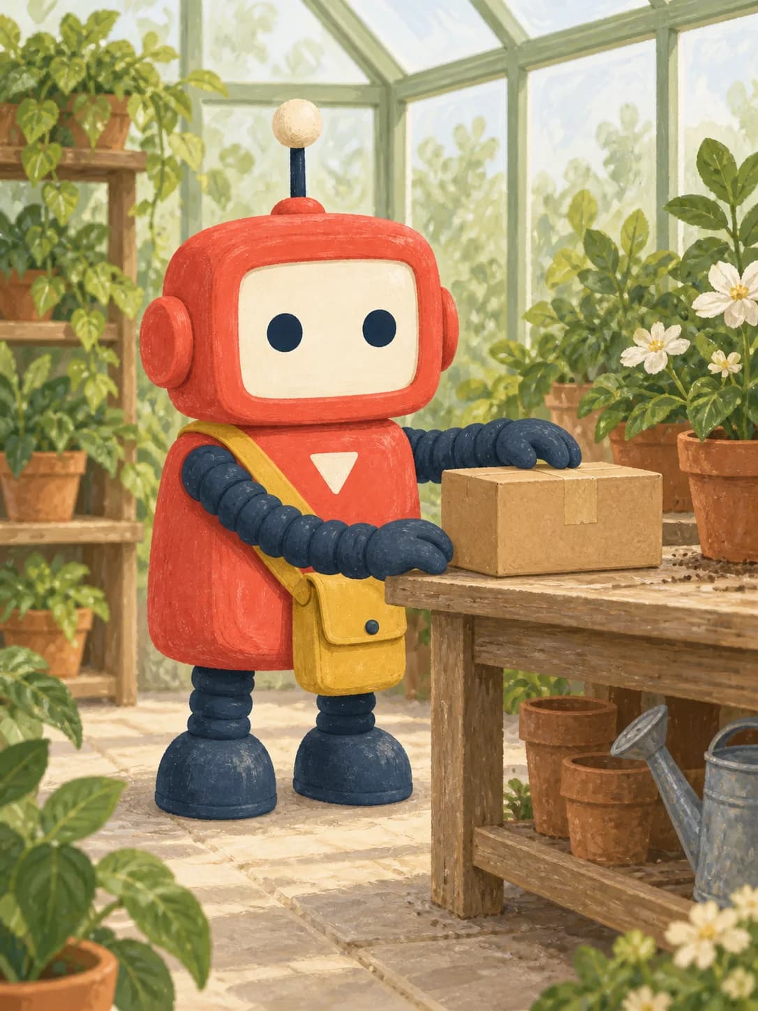 Pip placing a brown parcel on a greenhouse bench while retaining the coral body, two eyes, chest triangle, and satchel