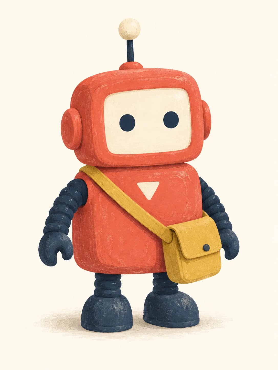 Pip character reference: coral robot with two navy eyes, ivory chest triangle, navy boots, and mustard satchel
