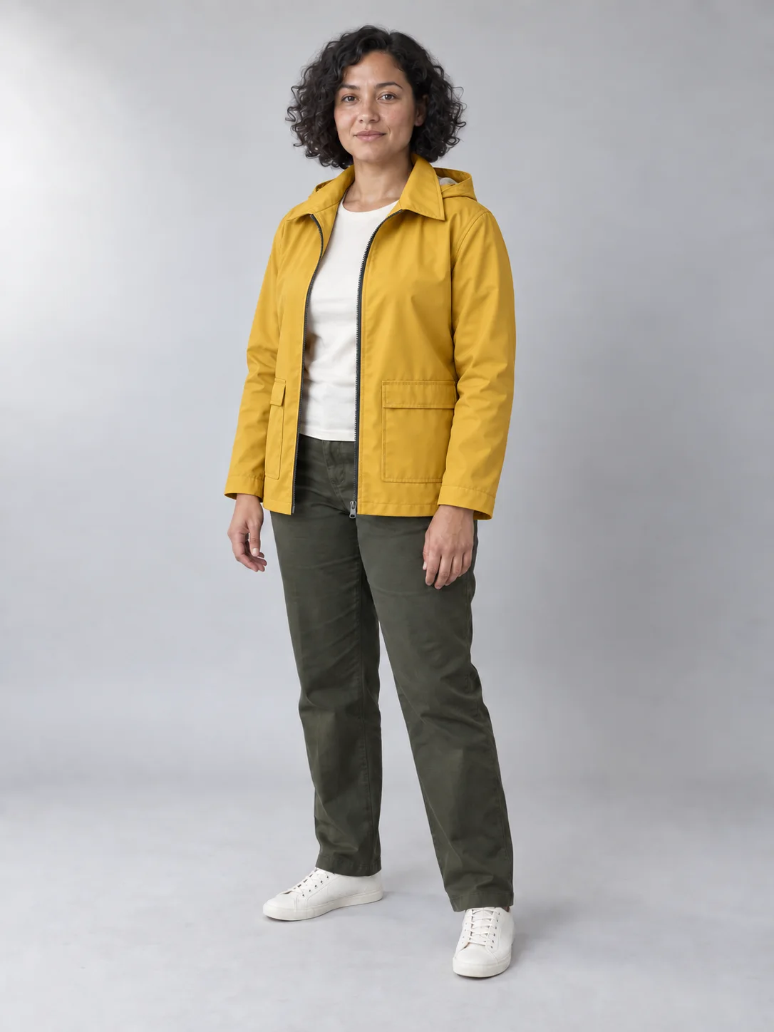 Clothing edit replacing the reference woman’s charcoal jacket with a mustard raincoat