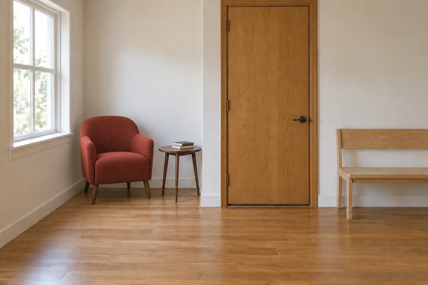 Reading-room composite with a small red chair placed beside the window