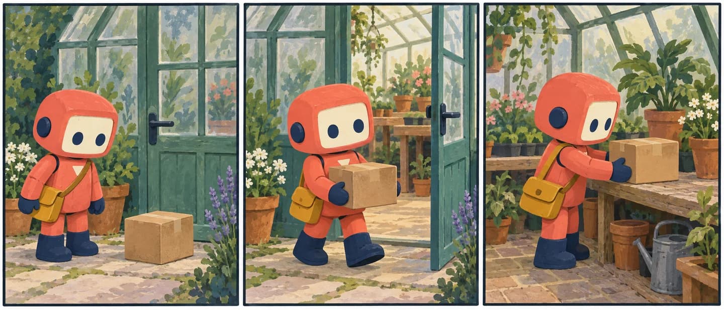 Three-panel gouache comic showing Pip finding, lifting, and delivering a brown parcel at a greenhouse