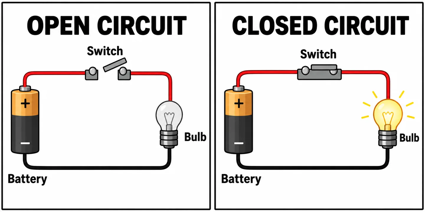 Generated comparison of an open switch with an unlit bulb and a closed switch with a lit bulb