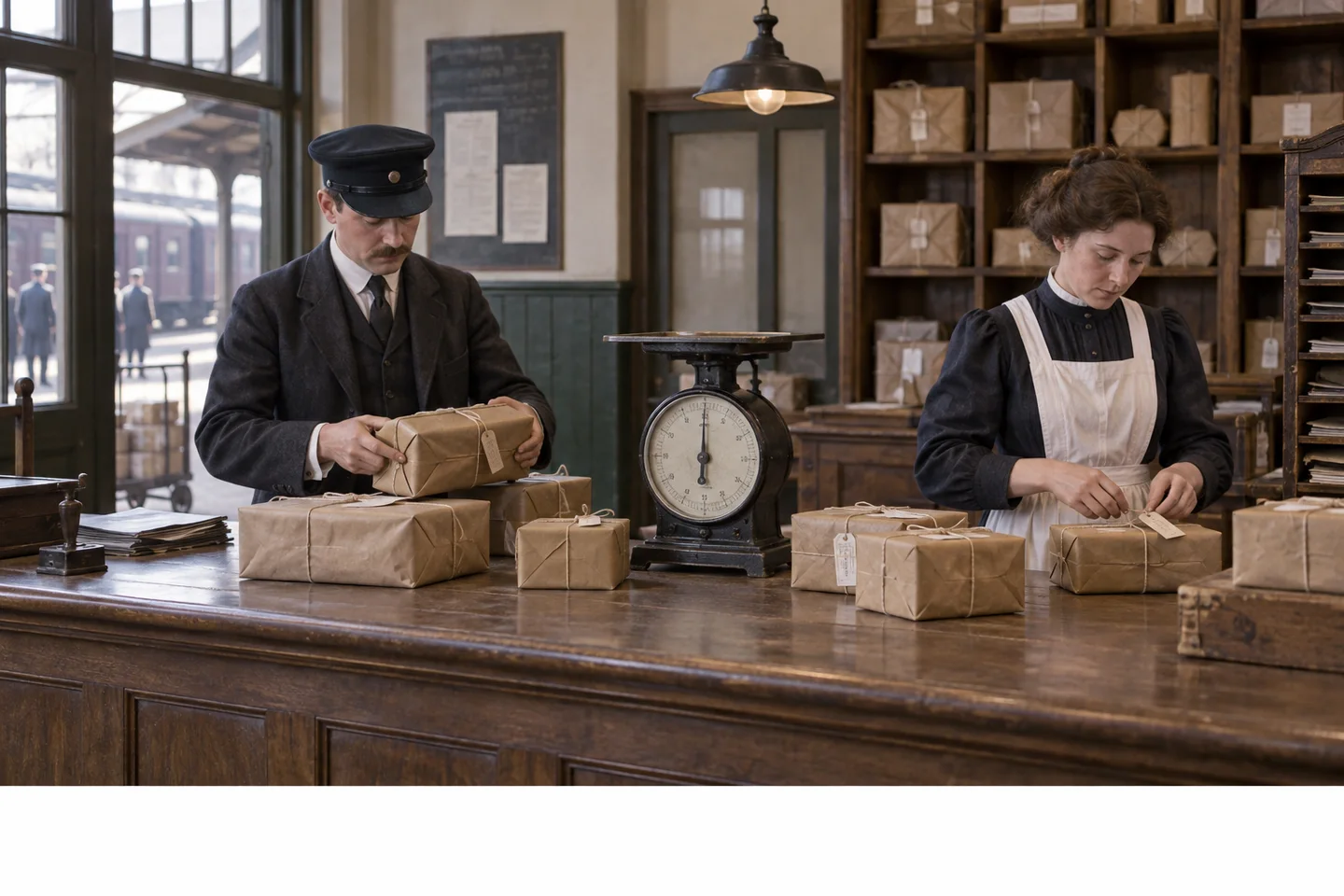 AI-generated imagined reconstruction of two clerks in a railway parcel office around 1920