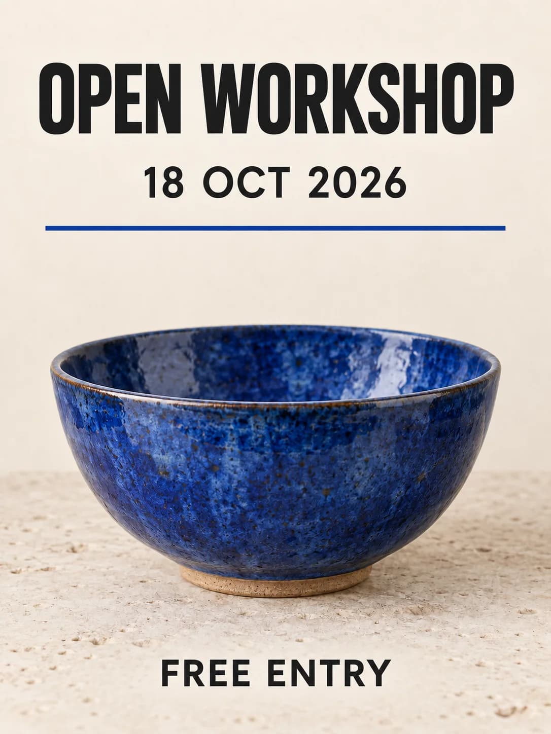 Edited ceramics poster with OPEN WORKSHOP and FREE ENTRY replacing the Spanish phrases