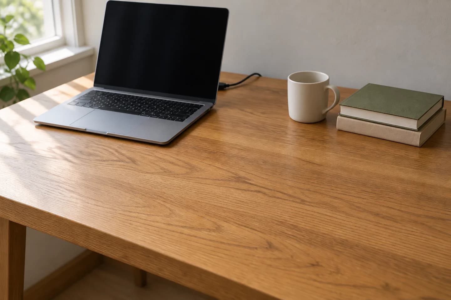 Oak desk after removal of the loose front cable, with laptop, books, and mug retained