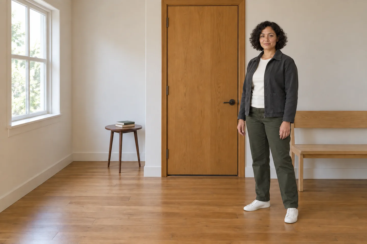 Composite placing the reference woman beside a bench in the reading-room entrance
