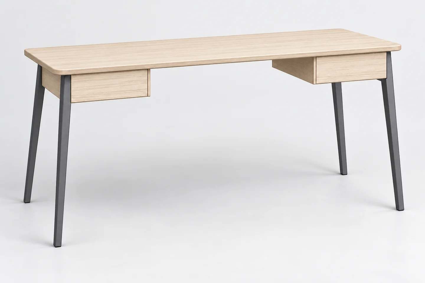 Furniture concept rendering of a pale ash desk with two drawers, an open central gap, and dark steel legs