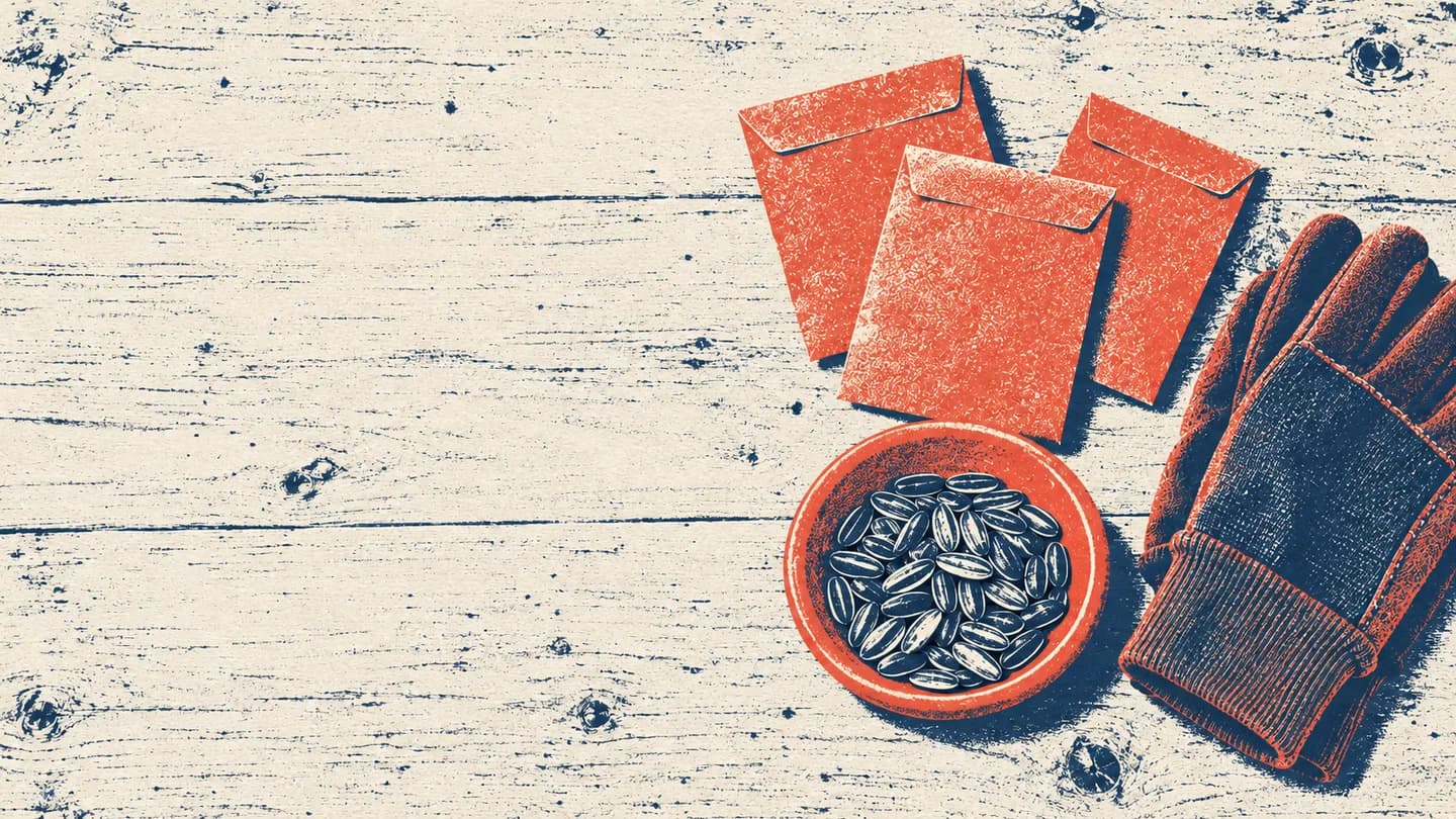 Seed-swap tabletop scene rendered in coral and navy with a screen-print treatment