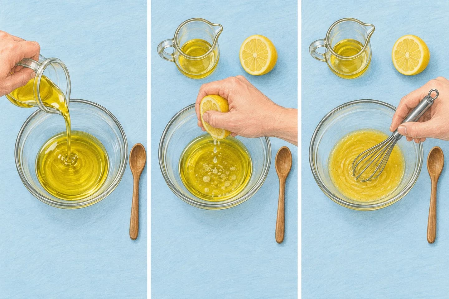 Three illustrated lemon-dressing steps with a persistent wooden spoon and an extra lemon half in the middle panel