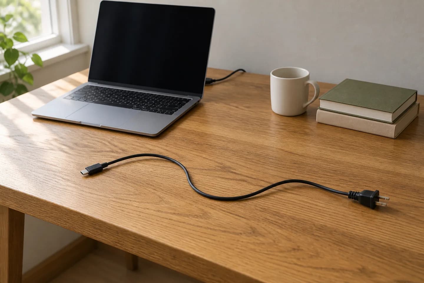 Oak desk with a loose black cable across the front and a separate laptop cable at the back