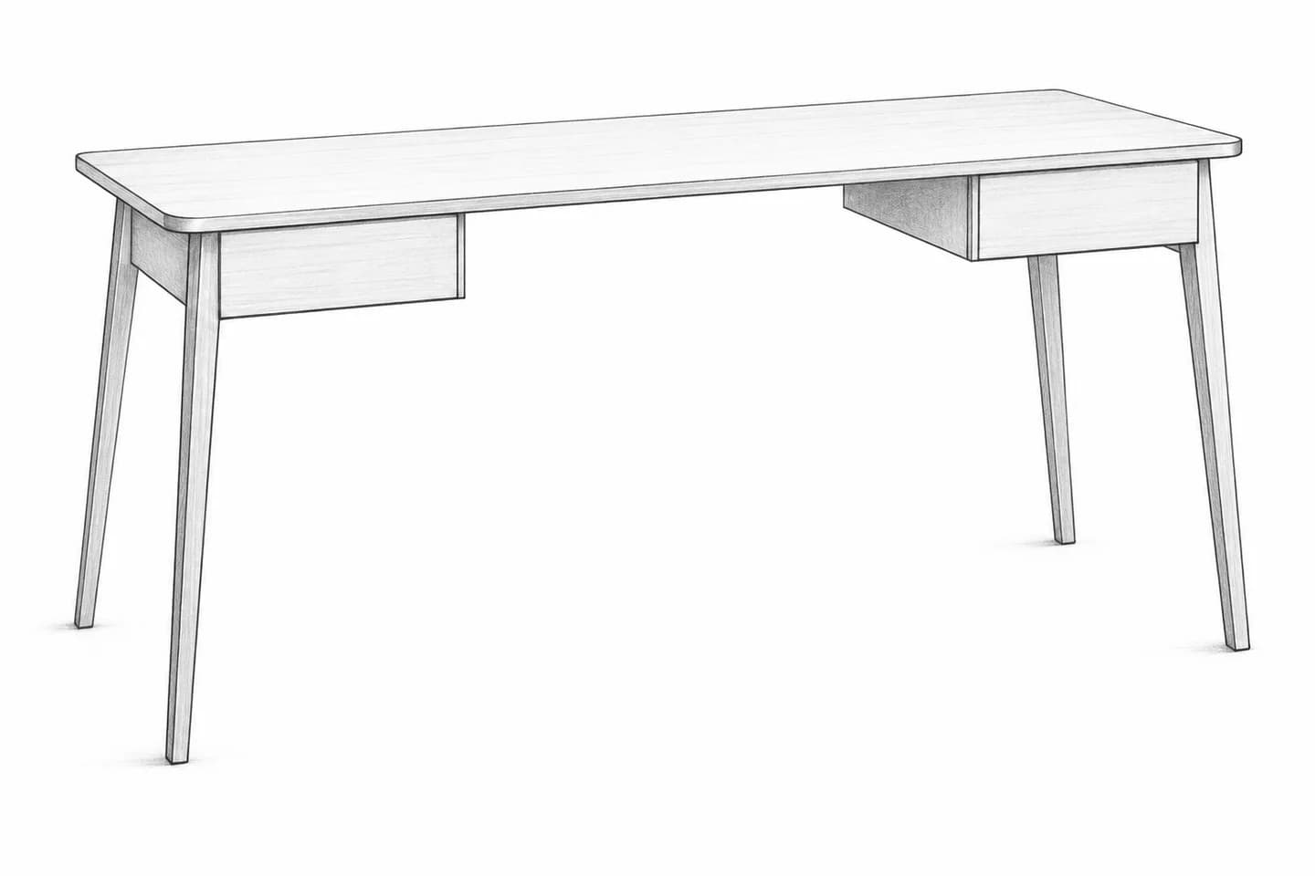 Original graphite desk sketch with two drawers separated by an open central knee space