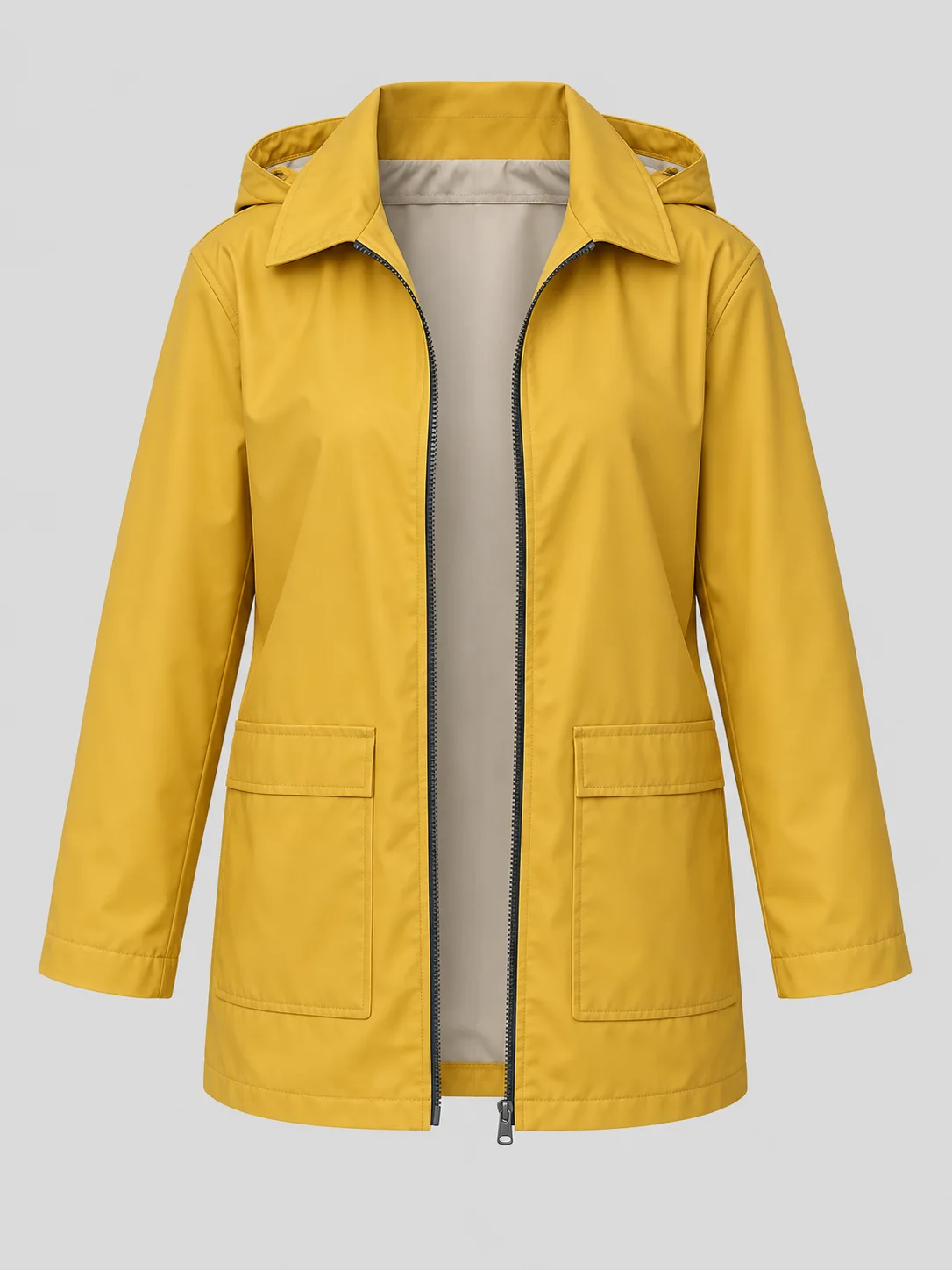 Mustard raincoat reference with a dark front zipper, folded collar, and two patch pockets