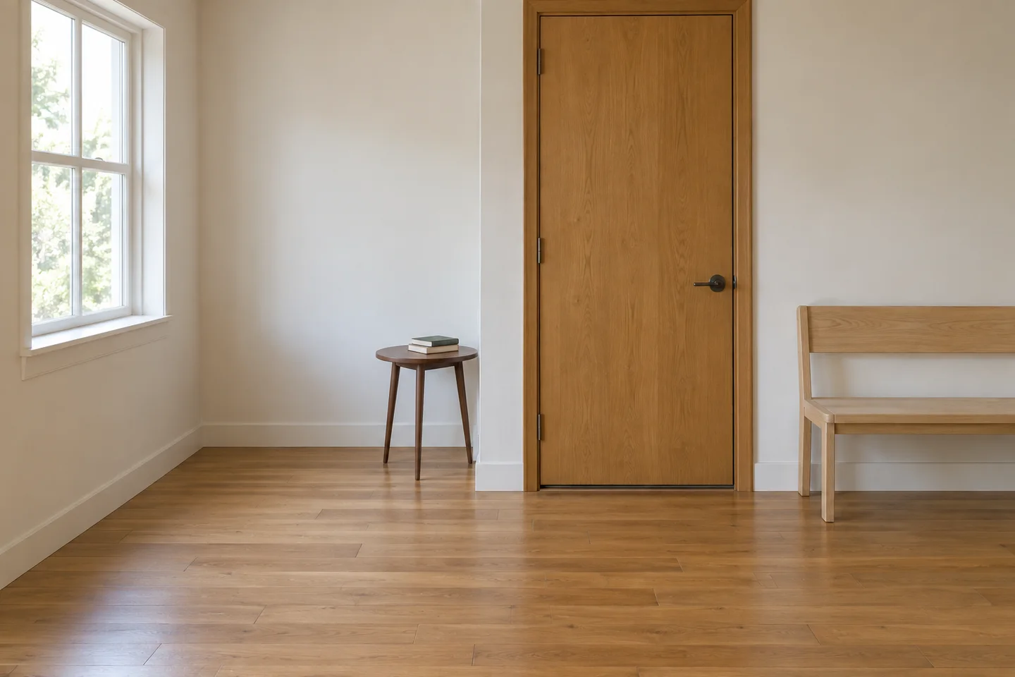 Generated reading-room reference with an empty window alcove, side table, two books, entrance door, and bench